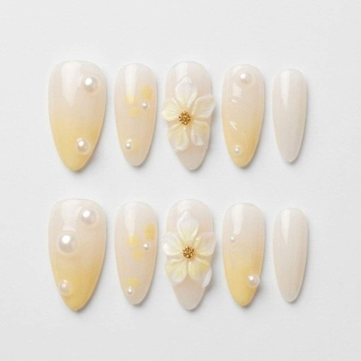 Buttercream Blossom – set of 10 handmade buttercream yellow almond press-on nails with pearls and a 3D flower