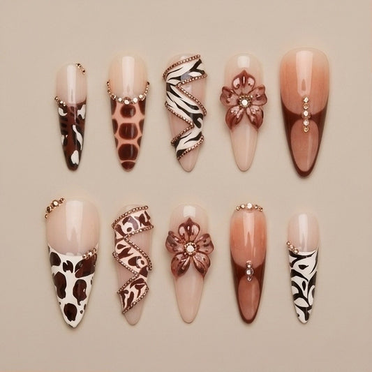 Savanna Luxe – set of 10 handmade animal print stiletto press-on nails with crystals and a 3D flower