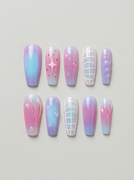 Cotton Candy Aura – set of 10 handmade pastel pink, lilac and blue coffin press-on nails with star and grid details