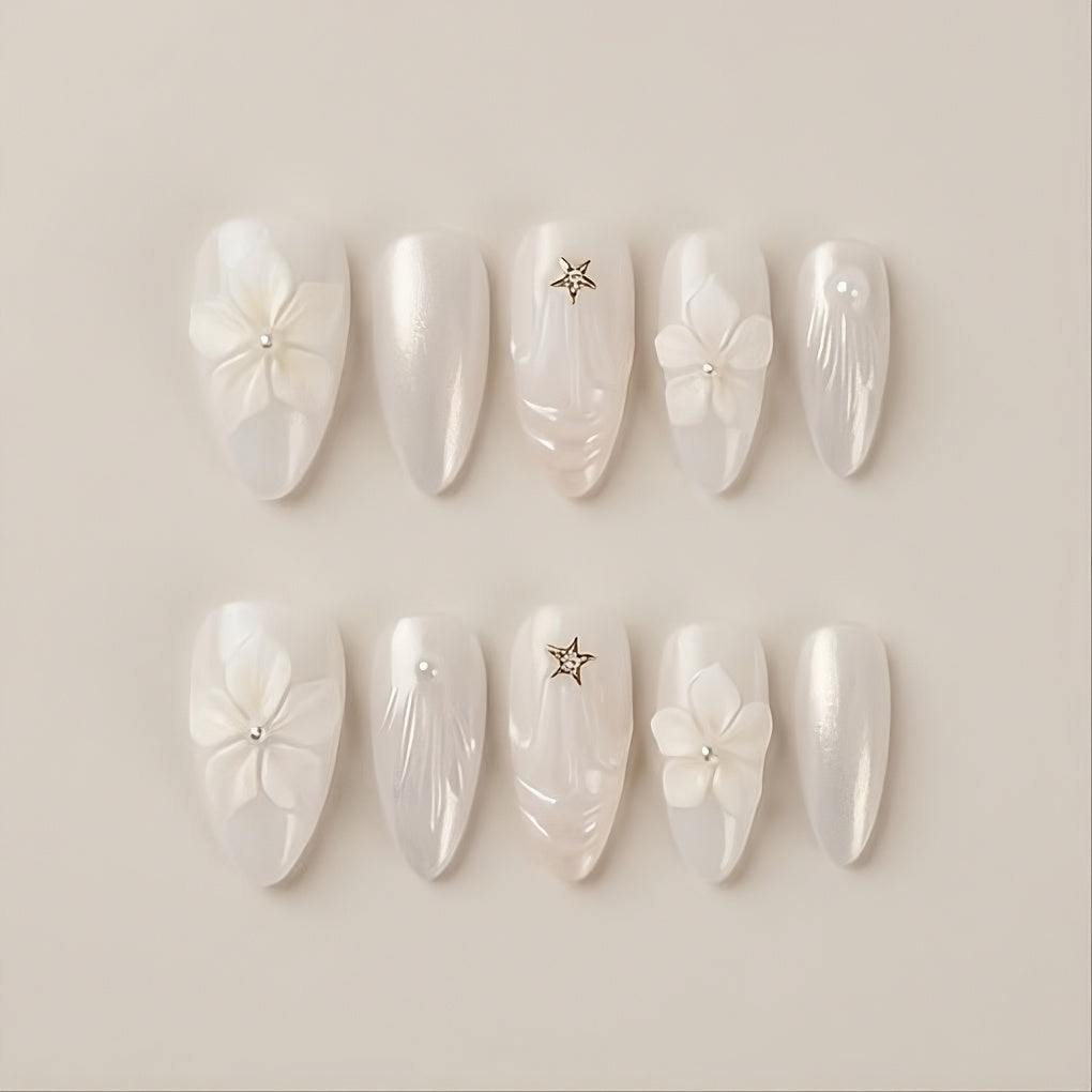 Moonlit Pearl – set of 10 handmade pearlescent white almond press-on nails with 3D flowers and a gold star