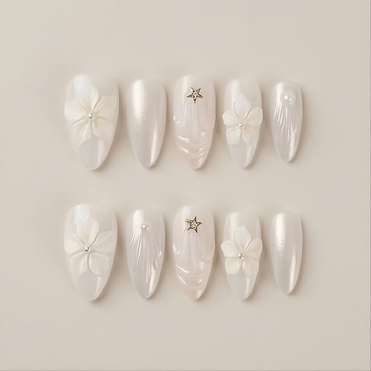 Moonlit Pearl – set of 10 handmade pearlescent white almond press-on nails with 3D flowers and a gold star