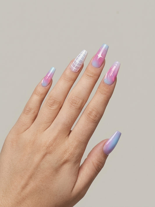 Cotton Candy Aura – pastel pink, lilac and blue coffin press-on nails with star and grid details worn on hand