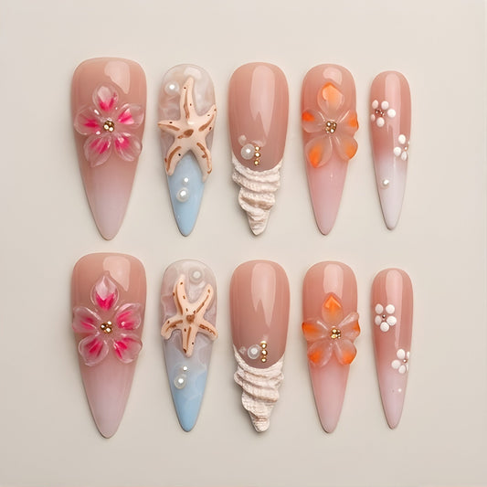 Coral Shore – set of 10 handmade stiletto press-on nails with 3D starfish, seashell and flowers