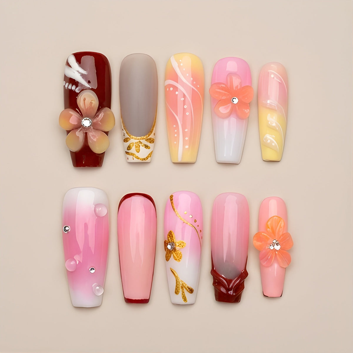 Sunset Sorbet – set of 10 handmade pink, peach and lemon ombre coffin press-on nails with 3D flowers and gold foil