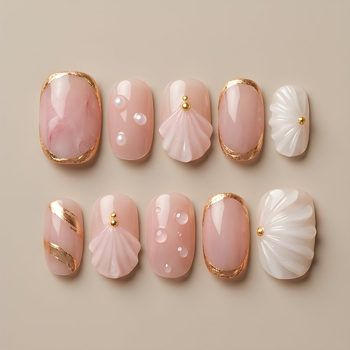 Blush Seashell – set of 10 handmade blush pink short oval press-on nails with 3D seashells, pearls and gold foil