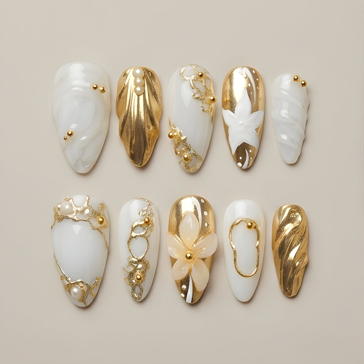 Gilded Pearl – set of 10 handmade marble white and gold chrome almond press-on nails with 3D flowers