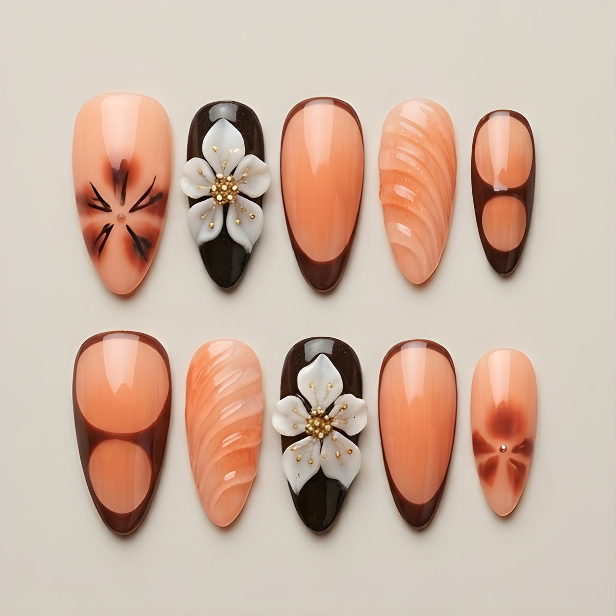 Peach Cocoa – set of 10 handmade peach and chocolate French tip almond press-on nails with 3D flowers